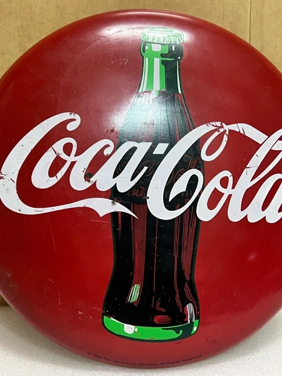 Vintage 1990 Coca Cola Button Round Red Metal Button Tacker Type Style Sign - Picture 2 of 7